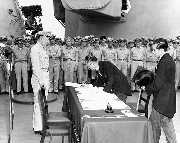 600px Mamoru Shigemitsu signs the Instrument of Surrender officially ending the Second World