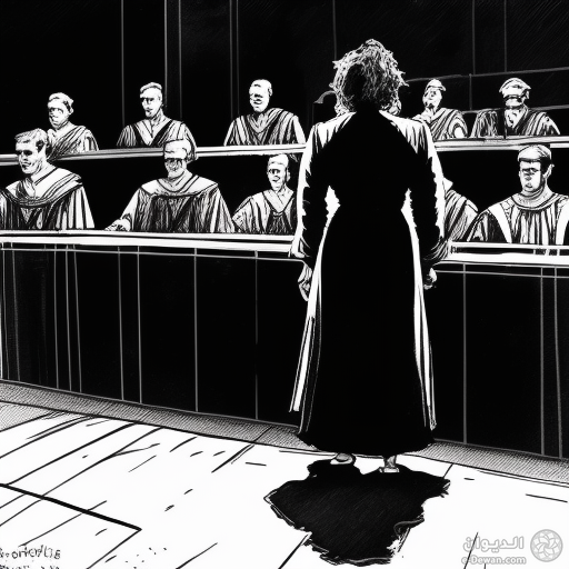 Blkmndy a woman stands in the dock inside the court in front of the judges and the audience bl